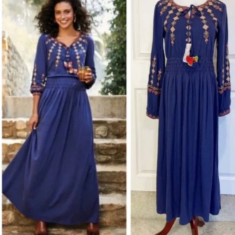 Soft Surroundings Blue Maxi Dress with V-Neck Long Bishop Sleeves